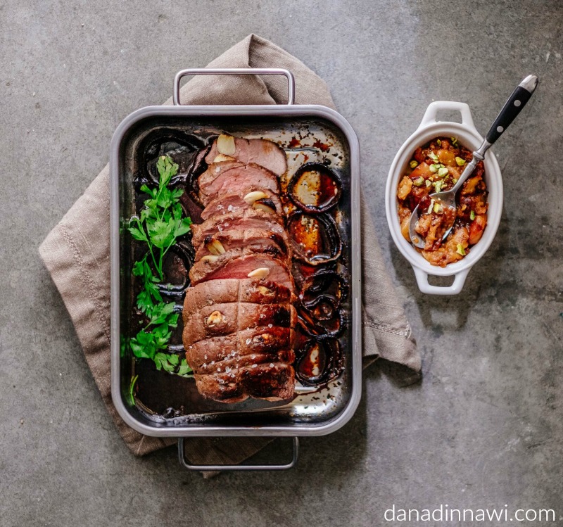 Garlic Stuffed Beef Tenderloin with Apple Dip